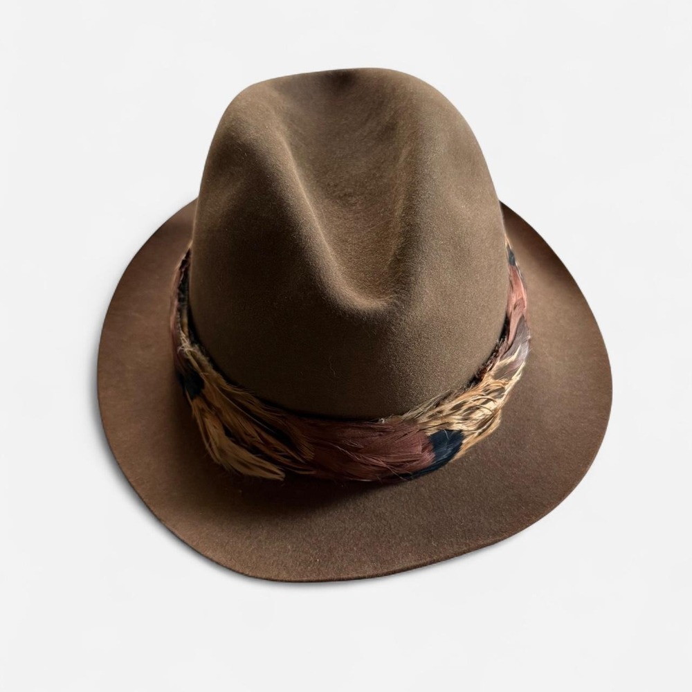 Vintage Brown Stetson genuine fur felt fedora with feather band 7 1/2